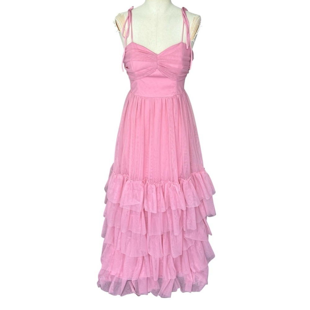 NWT Lulus Endlessly Darling Dusty Rose Mesh Tiered Tie-Strap Maxi Dress XS - Picture 3 of 10